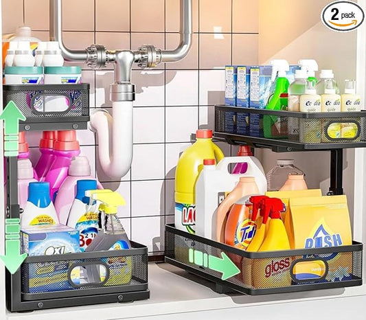 Under Sink Organizer 2 Pack, High Adjustable 2 Tier Under Sink Organizers and Storage, Slide out Metal Cabinet Organizers, Pull out Storage Drawer Shelf for Kitchen Bathroom Cabinet (Black) by Dolesman
