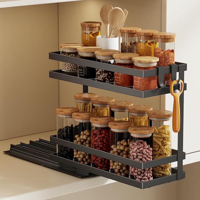 Magheo Pull Out Spice Rack Organizer for Cabinet, 1 Pack Metal Seasoning Organizer Slide Out Spice Storage Shelf No Assembly Vertical Spice Rack Pullout for Kitchen & Bahthroom No Drill(2 Tier,Black) by MAGHEO