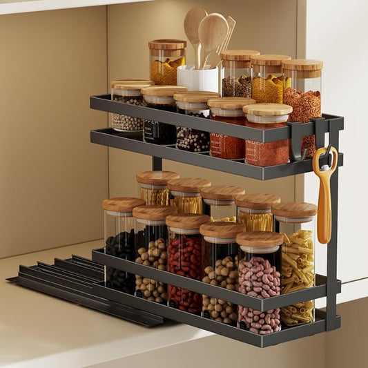 Magheo Pull Out Spice Rack Organizer for Cabinet, 1 Pack Metal Seasoning Organizer Slide Out Spice Storage Shelf No Assembly Vertical Spice Rack Pullout for Kitchen & Bahthroom No Drill(2 Tier,Black) by MAGHEO