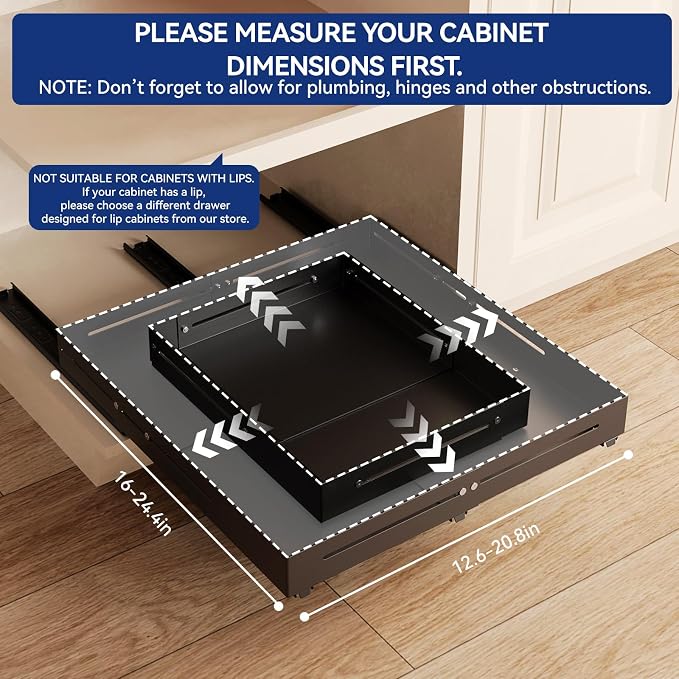 Pull out Cabinet Organizer, Full Metal Expandable Width (12.6"-20.8") & Depth (16"-24.4") Adjustable Slide out Drawers, No Drill Adhesive Roll out Shelves for Kitchen Pantry, Black - Image 2