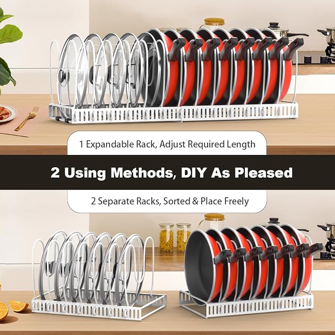 Housolution 2 Pack Pot and Pan Lid Organizer Holder Storage Rack, White | 12"-23" Expandable, 14 Adjustable Dividers, Sturdy Metal Construction, Easy Assembly - Image 4