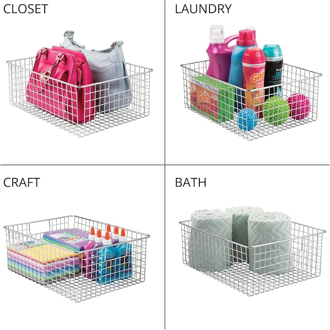 mDesign Metal Wire Food Storage Basket Organizer with Handles for Organizing Kitchen Cabinets, Pantry Shelf, Bathroom, Laundry Room, Closets, Garage - Concerto Collection - 2 Pack - Chrome - Image 6
