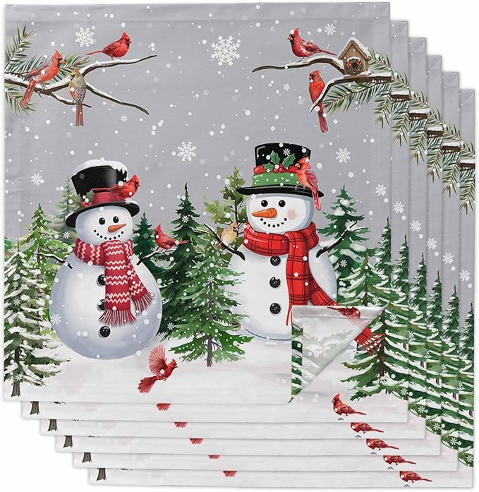 Grey Snowman Christmas Cloth Napkins, Washable and Reusable Dinner Napkins Set of 6, Xmas Tree Snowflake Winter Birds Table Napkin for Kitchen Party Birthday Wedding Hotel Housewarming 20''x20'' by Unknown