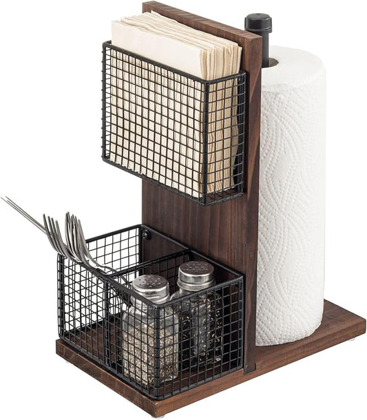 MyGift 3-in-1 Kitchen Organizer with Paper Towel Holder, Napkin Holder & Spice Rack - Rustic Wood & Industrial Metal Pipe Caddy for Farmhouse Dining Table by MyGiftHome