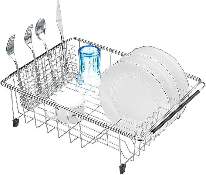 SANNO Stainless Steel Cutlery Utensil Holder Silverware Organizer Rack Dish Drying Rack with Stainless Steel Utensil Holder Large Dish Rack Drainer - Image 4