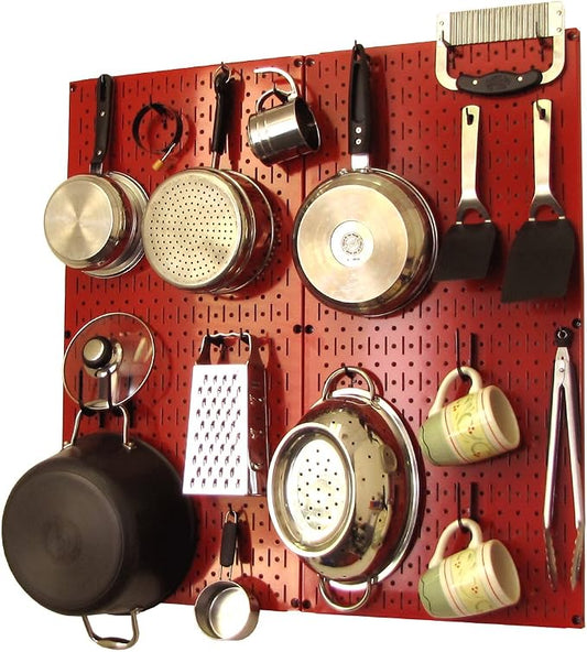 Wall Control Kitchen Pegboard Organizer Pots and Pans Storage Rack Organization Kit with Red Pegboard and Black Accessories by Wall+Control