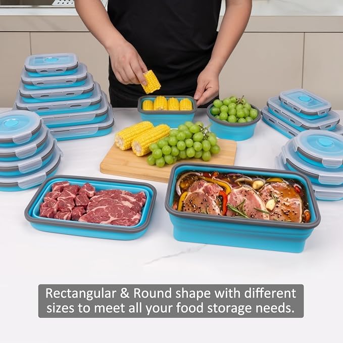 Collapsible Food Storage Containers with Lids 20 Pack(81oz/58oz Extra Large Included), 12 Rectangular+8 Round, Annaklin Silicone Collapsible Food Containers Sets Microwave Freezer Dishwasher Safe Blue - Image 2