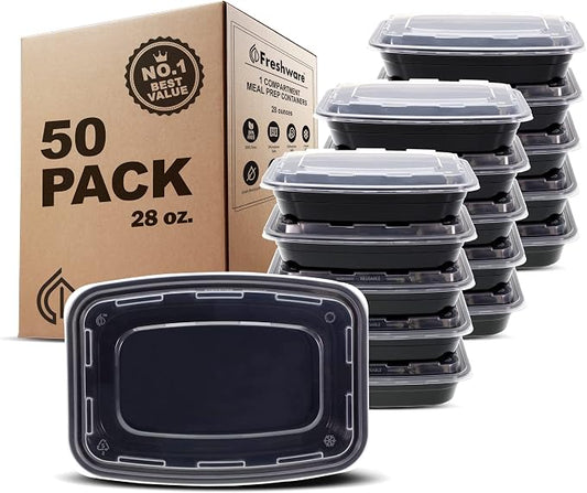 Freshware Meal Prep Containers [50 Pack] 1 Compartment Food Storage Containers with Lids, Bento Box, BPA Free, Stackable, Microwave/Dishwasher/Freezer Safe (28 oz) by Freshware