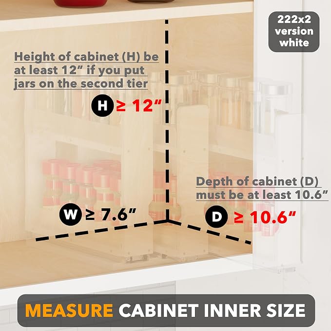 SpaceAid Bamboo Pull Out Spice Rack Organizer for Cabinet, Heavy Duty Slide Out Seasoning Kitchen Pantry Sliding Vertical Organization, 7.6" Wide, 3 Drawers(2" Wide), 2-Tier, White - Image 4