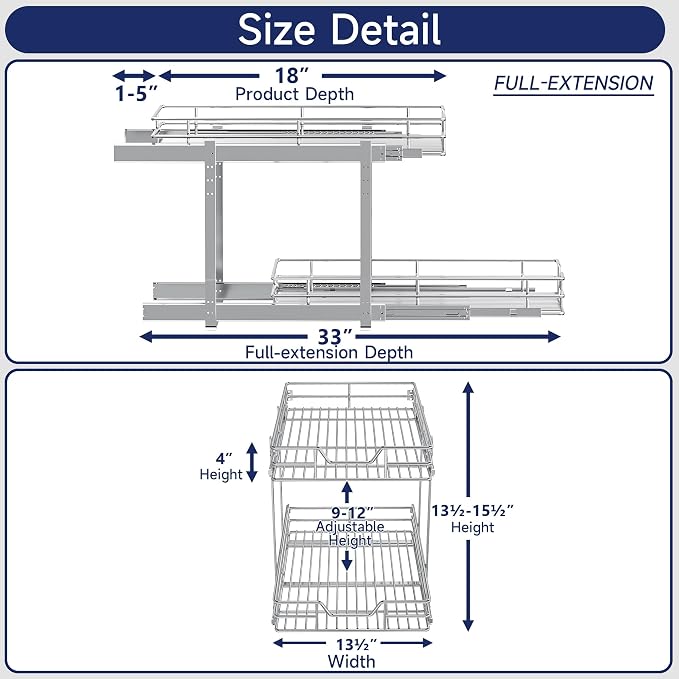 2-Tier Pull Out Cabinet Organizer, 13.5" W x 21.5" D, Heavy Duty Dual Slide Out Shelves for Base Cabinets, Chrome Wire Basket Drawer for Pantry, Kitchen & Bathroom Storage - Image 2