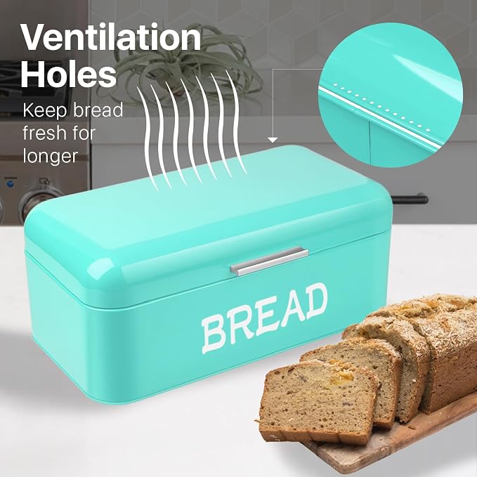 Flexzion Large Vintage Metal Bread Box for Kitchen Countertop, Turquoise | Bread Bin Storage Set Includes a White Butter Dish and Stainless Steel Butter Knife - Image 3