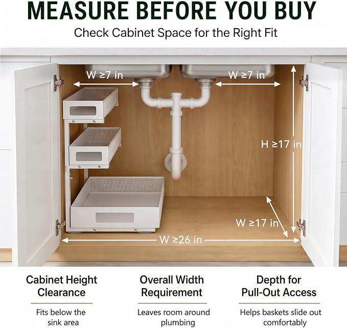 3 Tier Under Sink Organizer,2 Pack Pull Out Cabinet Shelves with Adjustable Height,Heavy Duty Carbon Steel L-Shaped Storage for Kitchen Bathroom Sink,Pantry & Laundry,White - Image 7