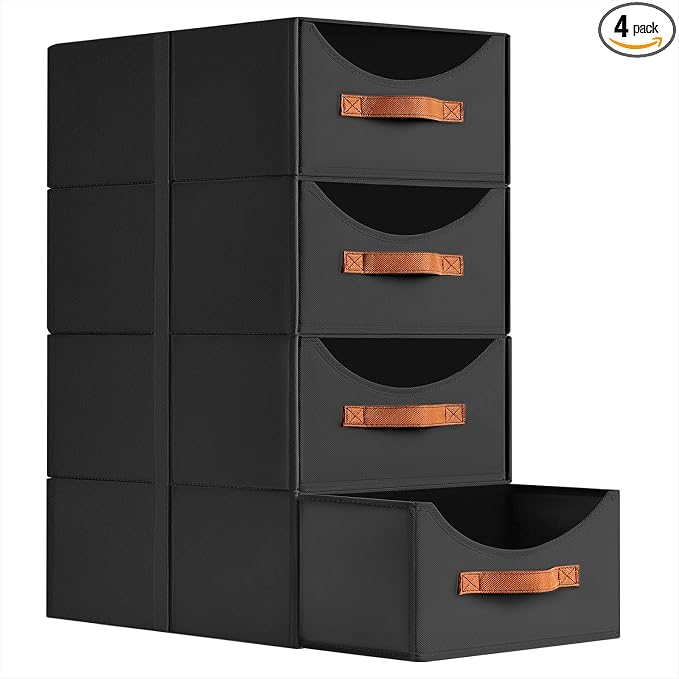 Closet Organizers and Storage - Large Stackable Storage Bins with Drawer, Fabric Bins for Organization, Collapsible Storage Drawers Organizer for Bedroom, Living Room, 4 Pack, Black by Homsorout