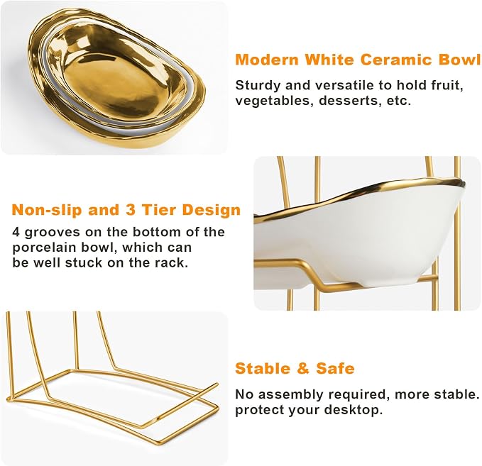 3 Tier Fruit Basket for Kitchen Counter, Detachable Ceramic Fruit Bowl Set with Metal Stand, Tiered Fruit Holder for Fruit Vegetable Snack Dessert Storage, Countertop Organizer for Home, Gold - Image 2