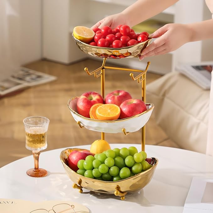 XUDREZ 3 Tier Fruit Bowl with Metal Stand for Kitchen Counter, Ceramic White Gold Silver, Tiered Fruit Basket for Nuts, Snacks, Bread, Candy Storage (Gold) - Image 3