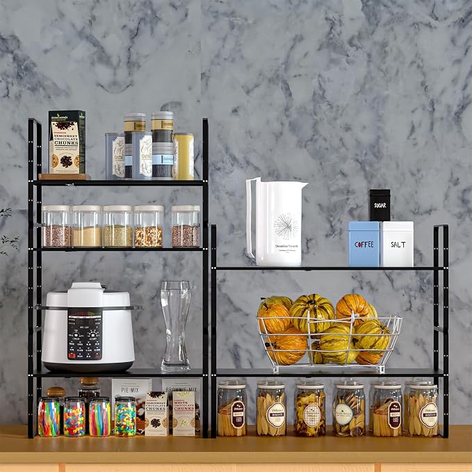 Expandable Kitchen Cabinet Shelf Organizers 2 Pack, Stackable Metal Pantry Storage Shelves Rack, Adjustable Counter Shelf for Cabinets, Countertop, Cupboard Organizers and Storage, Black - Image 5