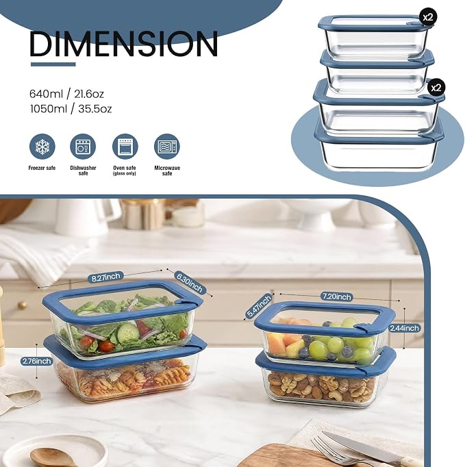 Taree Glass Food Storage Containers with Glass Silicone Lids,22/35oz, Blue | Meal prep,office lunches&eftover storage,borosilicate glass,microwave safe reheating with steam vent,BPA free,dishwasher safe - Image 2