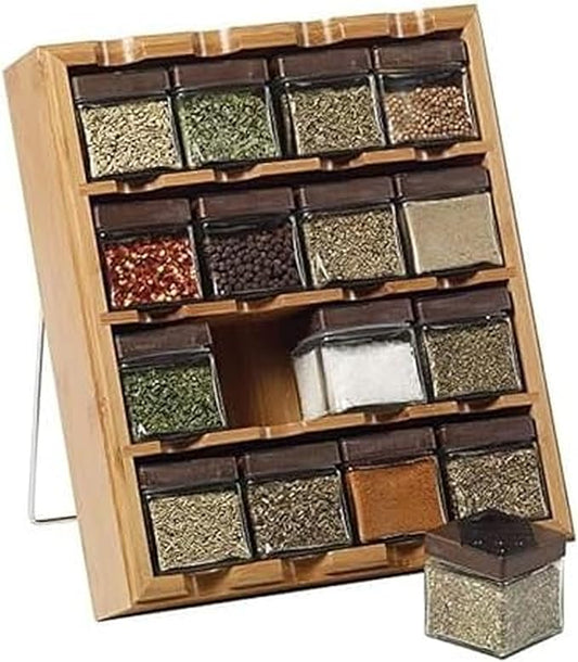 Kamenstein 16 Jar Bamboo 3-in-1 Spice Organizer for Countertop, Wall, and Drawer with Spices Included, FREE Spice Refills for 5 Years, Lift & Pour Caps by Kamenstein