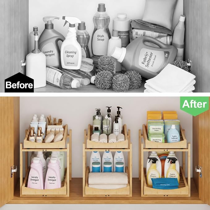MHXW SXPN Bamboo Under Sink Organizer, 2 Pack Pull Out Cabinet Organizer | 2 Tier Vertical Smooth Slide Out Undersink Storage Shelf | Multi-Purpose Organizer Shelves for Kitchen Bathroom Medicine - Image 8