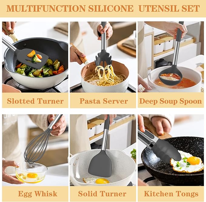 Silicone Cooking Utensil Set, Umite Chef 43 PCS Heat Resistant Kitchen Utensil Gadgets Set-Stainless Steel Handle- Kitchen Spatula Tools for Nonstick Cookware, Pots and Pans Accessories(Grey) - Image 3