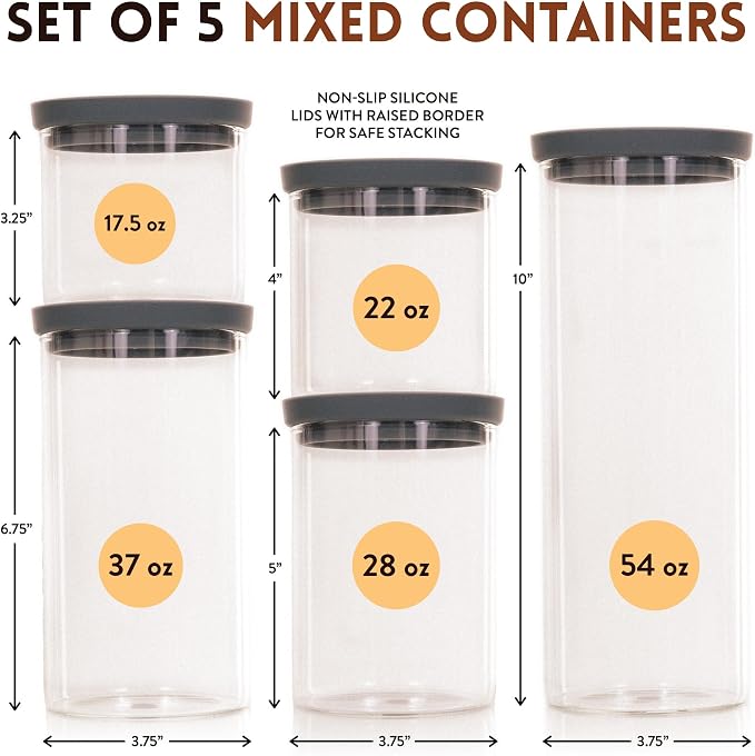 Glass Kitchen Storage Containers with Airtight Silicone Lids, BPA-Free Pantry Glass Jars with Airtight Lid for Pantry Meal Prep, Pasta and Food – Set of 5 with Portion Tool - Image 8