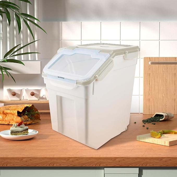 50LB Large Flour Storage Container Bin,2 Pack Airtight Plastic with Wheels Seal Locking Lid Dispenser Organizer Bin with Measuring Cup & Scoop for Flour, Rice, Grain 100LBS Total Capacity(Grey) - Image 4