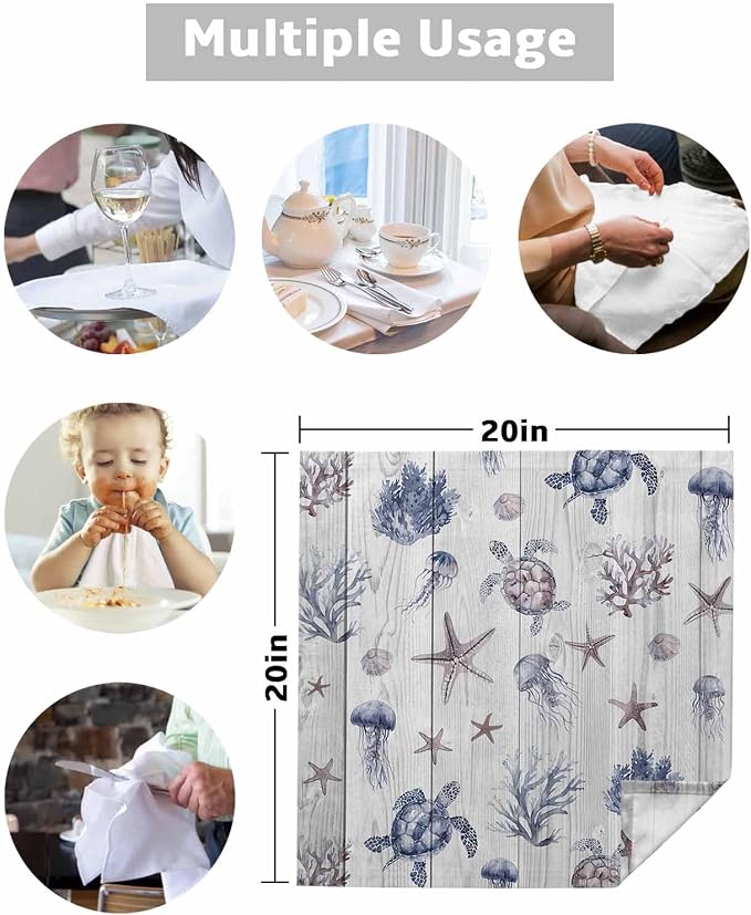 Coastal Starfish Cloth Napkins Set of 6 - Ocean Turtle Seashells Jellyfish Wood Grain Washable Dinner Napkins Reusable Table Napkins for Party Weeding Dining Table Setting Decoration,Oversized 20"x20" - Image 5
