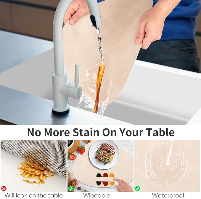 ADRIMER Placemats, Heat Resistant Round Placemats Set of 6 Washable 13 x 17 Inch, Waterproof Table Mats Wipeable for Kitchen, Dining Room Table Christmas Decor, Beige - Image 3