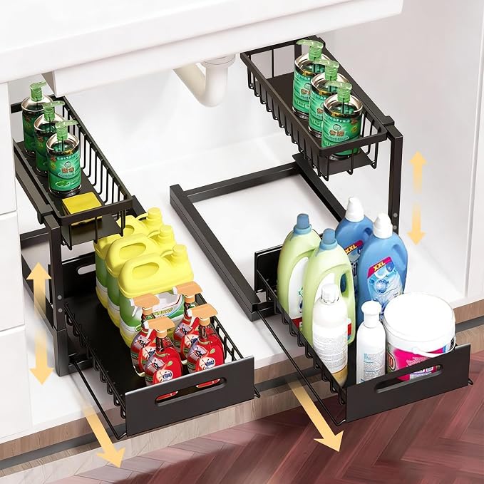2 Pack Under Sink Organizer, Height Adjustable Pull Out Cabinet Shelf, Heavy Duty Metal Sliding Drawer, Rust-Resistant Storage for Kitchen Bathroom Pantry, Fits Tall Bottles & Plumbing P-Traps by NUNET