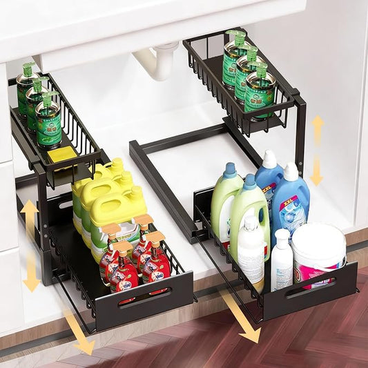 2 Pack Under Sink Organizer, Height Adjustable Pull Out Cabinet Shelf, Heavy Duty Metal Sliding Drawer, Rust-Resistant Storage for Kitchen Bathroom Pantry, Fits Tall Bottles & Plumbing P-Traps by NUNET