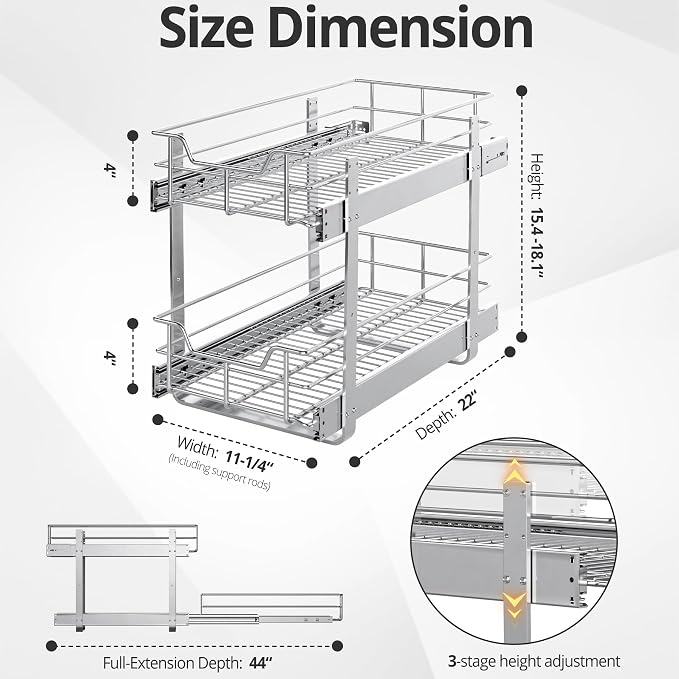 ZOINLIY Pull Out Cabinet Organizer,Slide Out Kitchen Organizers and Storage | Heavy Duty Drawer Cupboard Storage Basket, Smooth Sliding, Chrome Finish - Image 4