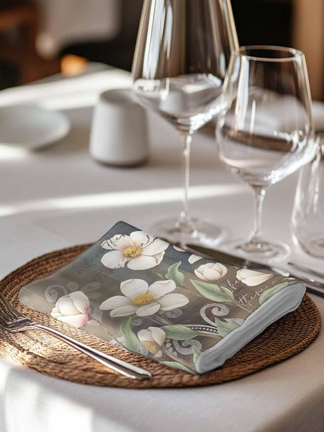 White Flower Cloth Napkins Set of 4, Rustic Floral Brown Grey Abstract Oil Paining Dinner Napkins Cloth Washable, Cocktail Napkins Reusable for Wedding, Party, Birthday (20"x20") - Image 3