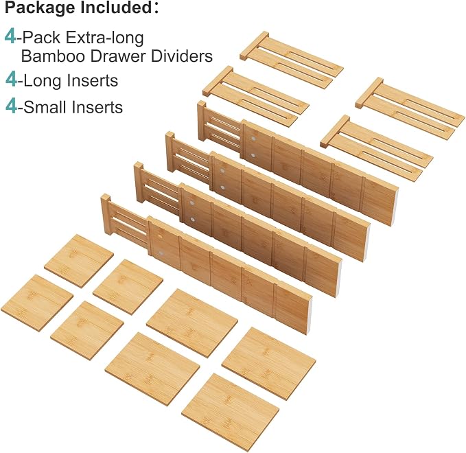 4.4" High Bamboo Drawer Dividers with Inserts, Kitchen Adjustable Drawer Organizers, Expandable Organization for Home, Office, Dressers, and Bathroom, 4 Divider with 8 Insert - Image 6