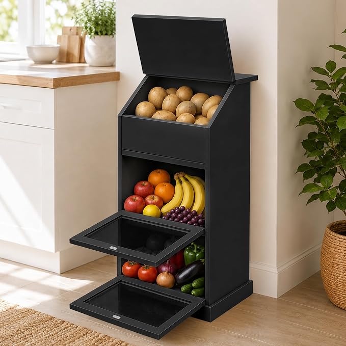 Potato and Onion Storage Bin with Lid, 3-Tier Vegetable Storage, Wooden Rustic Bread Box Cabinet for Fruit and Vegetable, Food Storage Containers Cabinet for Kitchen Pantry (Black) by Unknown