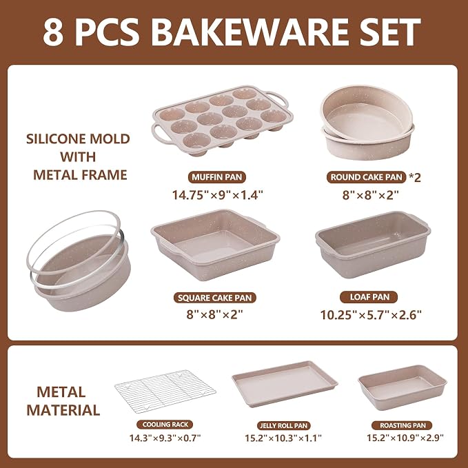 Vinino 8-Piece Baking Pans Set Nonstick, Bakeware Set includes Silicone Muffin, Loaf, Cake Pans with Metal Reinforced Frame, and Carbon Steel Roasting Pan, Cookie Sheet, Cooling rack for Oven - Image 4