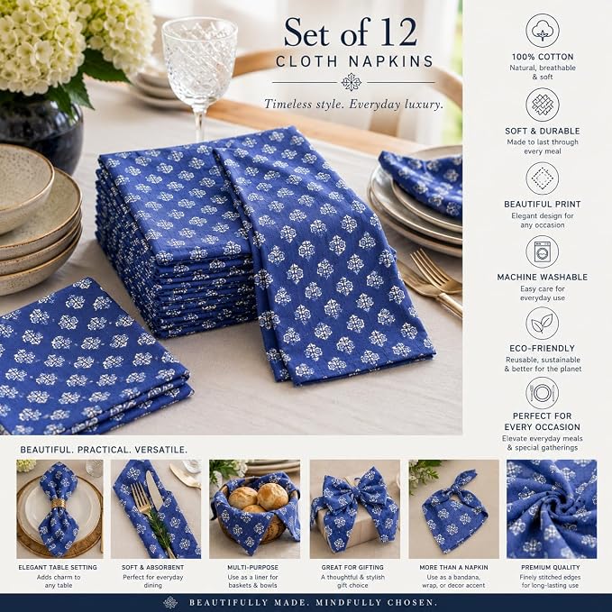 100% Cotton Printed Cloth Napkins Reusable Fall Dinner Napkins Floral Fabric Napkins Set of 6 Machine Washable for Events, Gift, Home Decor - 18"x18" - Blue - Image 4