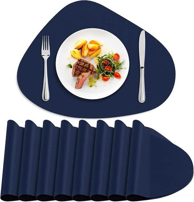 Faux Leather Placemats Set of 8, Wipeable & Washable Table Mats | Waterproof, Heat-Resistant & Easy to Clean Round Place Mats for Dining & Kitchen, 17''x13'', Blue by Delicateandelegantplacemats