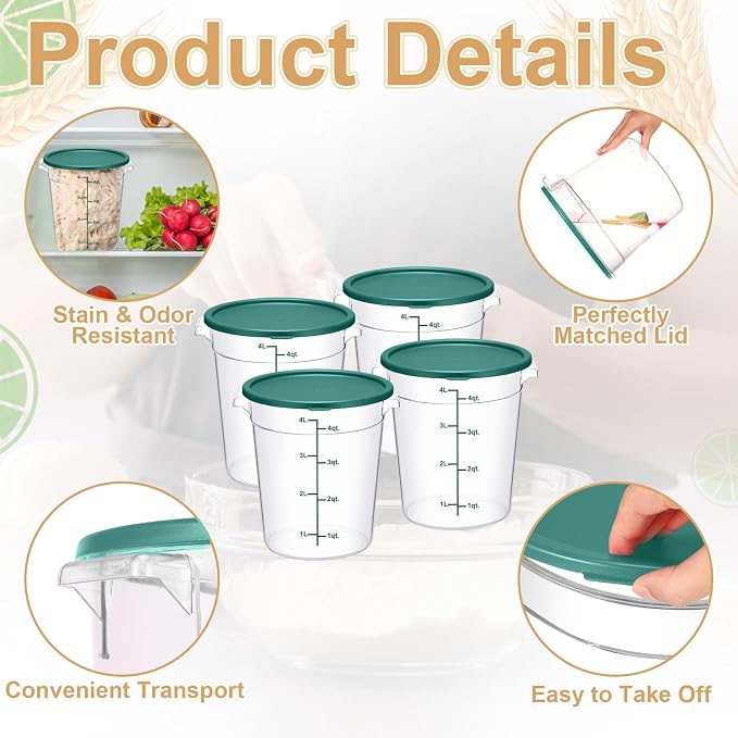 4 Pcs 4 Qt Food Storage Container Bucket with Lids Clear Proofing Containers for Dough Rise Bread with Scale Handle Round Flour Commercial Storage Bucket for Home Restaurant Food(Green) - Image 3