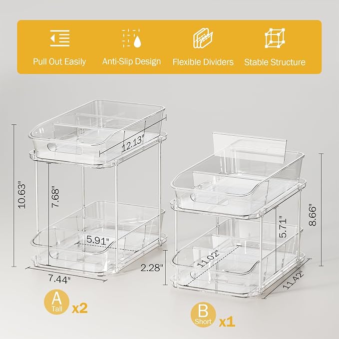 Delamu 2-Tier Under Sink Organizers and Storage, Multi-Purpose Stackable Bathroom Cabinet organizers, Pull Out Kitchen Pantry Organization and Storage with Dividers(3 Pack, Clear) - Image 5