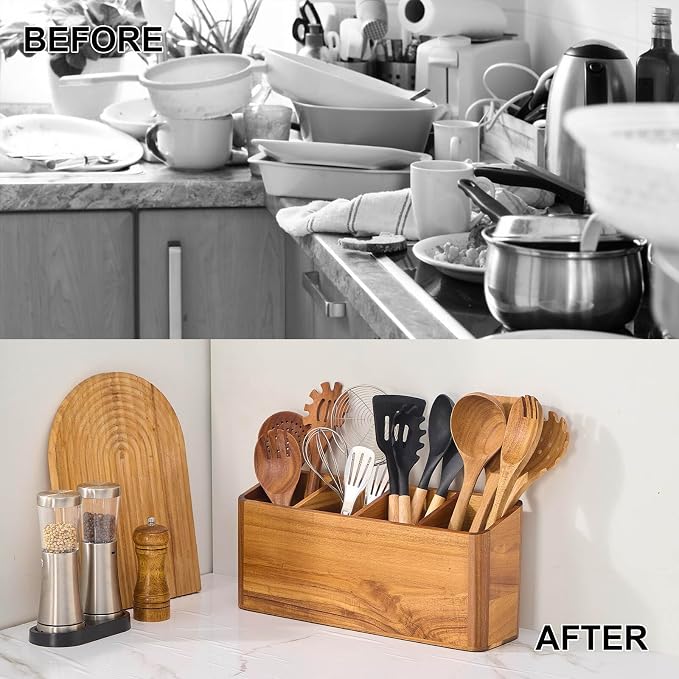Wooden Utensil Holder for Kitchen Counter, Acacia Wood Kitchen Utensil Holder for Countertop with 4 Compartment, Cooking Utensil Organizer, Silverware Caddy (Acacia Wood, 4Compartment) - Image 6