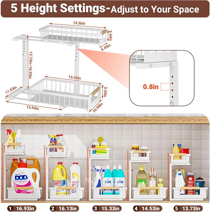 Under Sink Organizer, 2 Tier Pull Out Cabinet Organizer with 5 Adjustable Heights, Metal Under Sink Storage with Sliding Drawers for Kitchen, Bathroom, Pantry and Laundry Room, 4-Pack White - Image 3