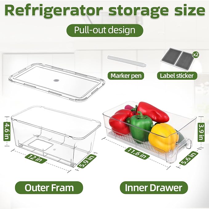 Large Fridge Organizer Drawers, 4 Pack Clear Pull-Out Refrigerator Organizer Bins, Stackable Fruit and Vegetable Storage Containers for Kitchen, Refrigerator, Pantry - Image 2