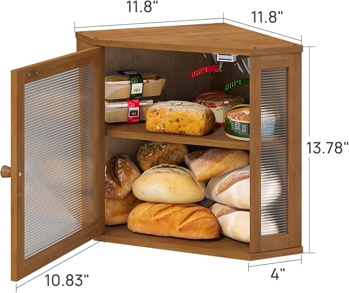viewcare Corner Bread Box for Kitchen Counter, Bamboo Wood Large Capacity Bread Storage Bin with Acrylic Wavy Door Panel (Brown, Meduim) - Image 5