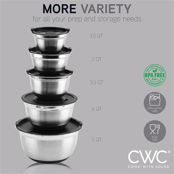 COOK WITH COLOR Stainless Steel Mixing Bowls Set with Lids - Nesting Bowls with Non-Slip Bottom, Silver, 14 Pieces - Image 3