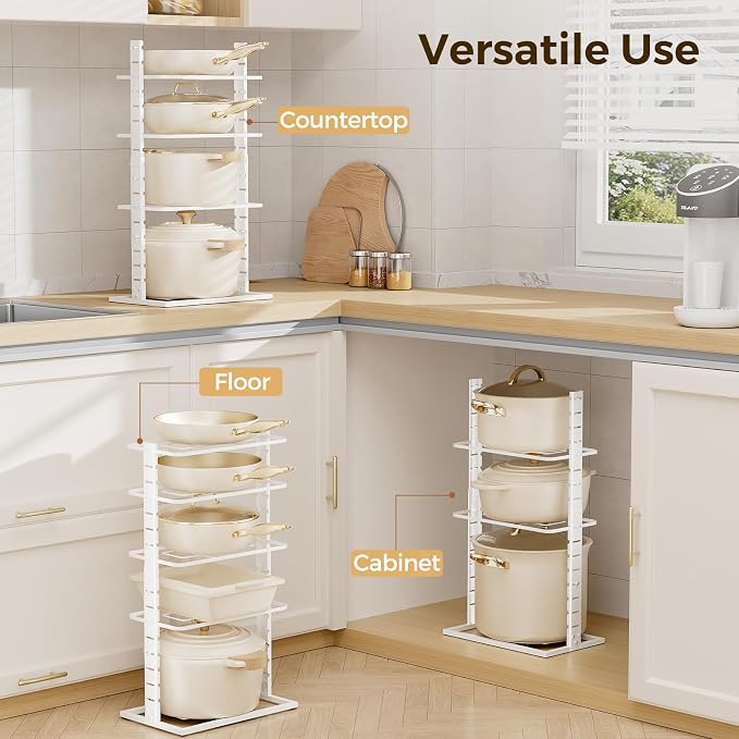 LAMU Pots and Pans Organizer Under Cabinet, 5 -Tier Dual-Pillar Design | Adjustable All-Metal Rack Stores Pots, Pans And Lids in Cabinets, on Countertops or Under Sinks, Holding Up to 55 Lb White - Image 7