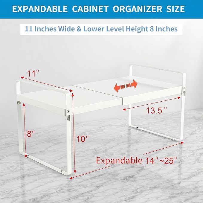11" Deep Expandable Cabinet Shelf Organizer Riser, 1-Pack White | Adjustable 14-25", heavy duty metal pantry storage rack for kitchen cupboard, under sink & countertop, 10" high space saver - Image 2