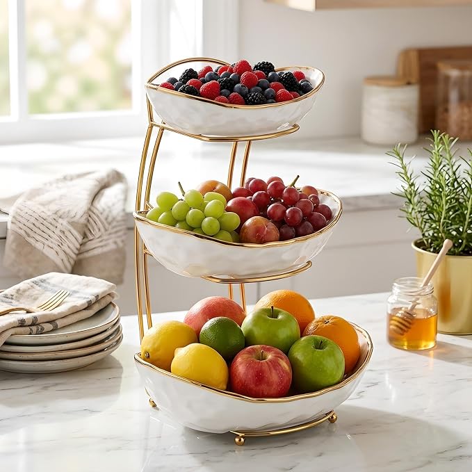 XUDREZ 2 Tier/ 3 Tier Fruit Bowl with Metal Stand for Kitchen Counter, Ceramic Gold Silver White, Portable Tiered Fruit Basket Fruit Rack for Nuts, Snacks, Bread, Candy Storage (White A, 3 Tier) - Image 3