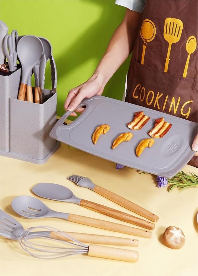 19 Pcs Kitchen Cooking Utensils and Knife Set with Block, Include 11 Pcs Silicone Cooking Utensils Set 5 Pieces Sharp Stainless Steel Chef Knives Scissors Whisk Tongs and Cutting Board (Grey) - Image 4