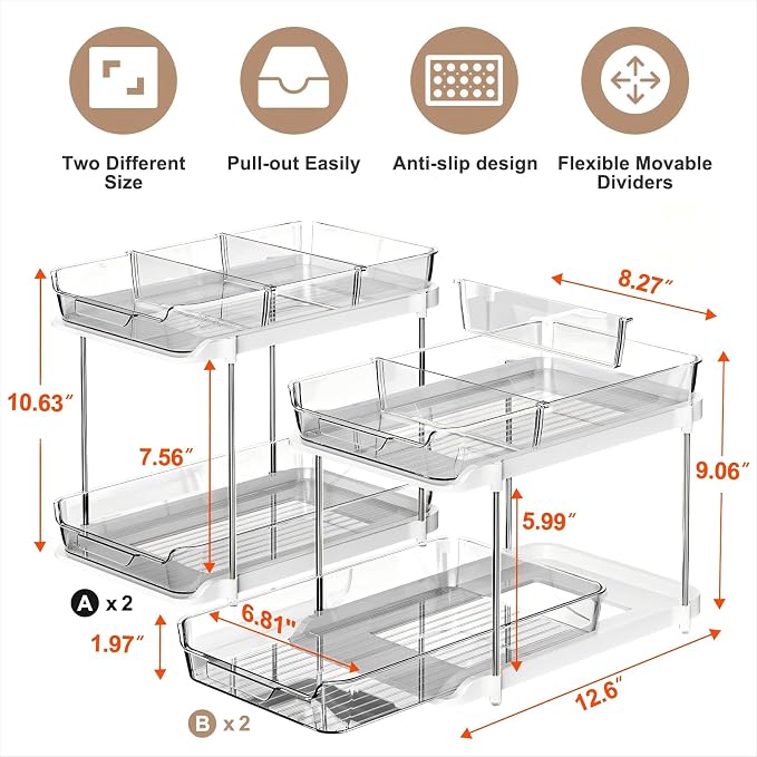 Delamu 2-Tier Multi-Purpose Bathroom Under Sink Organizers and Storage, Stackable Kitchen Pantry Organization, Pull Out Medicine Cabinet Organizer with Movable Dividers, Grey, 4 Pack - Image 2