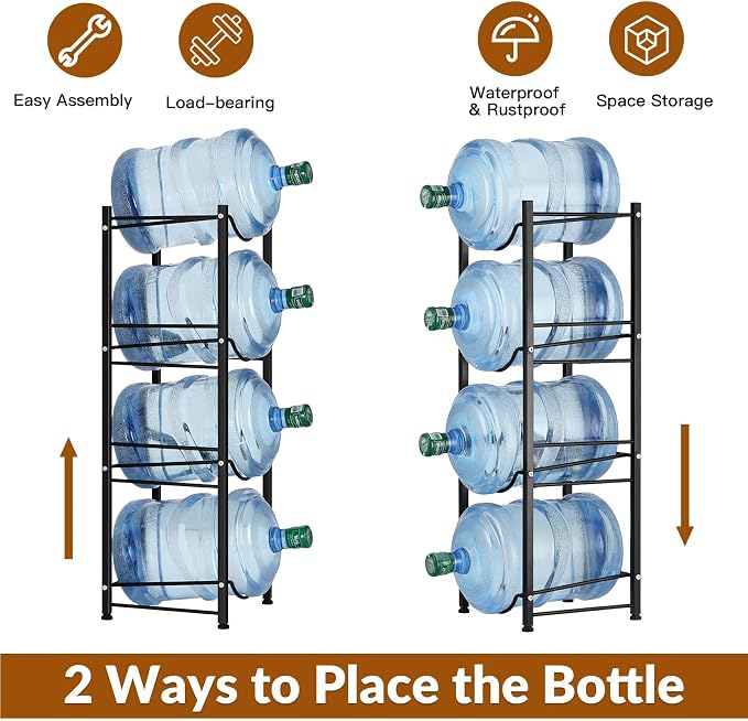 smusei 5 Gallon Water Bottle Holder 4 Tier Water Cooler Jug Stand Storage with 4 Slots for 5 Gal Water Dispenser Black Water Bottle Organizer Rack Metal for Office, Kitchen, Home - Image 5